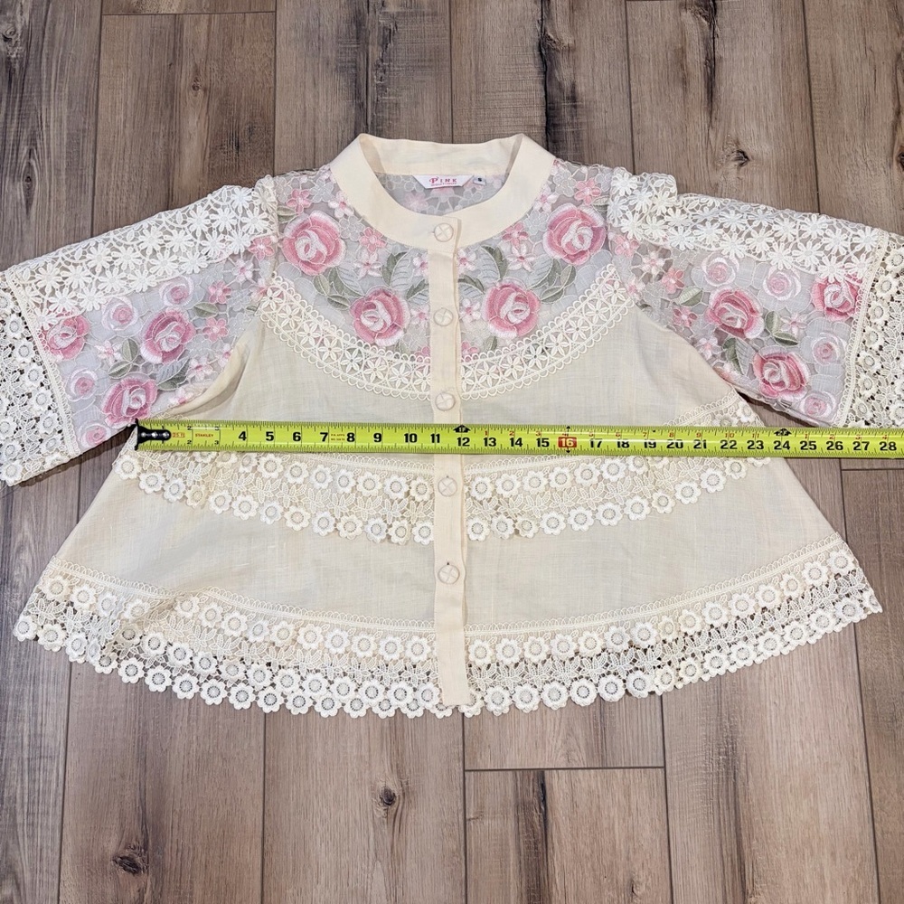 Vintage Lace Floral Blouse Fairycore Romantic Sheer Pink Roses S Coquette - Picture 5 of 5